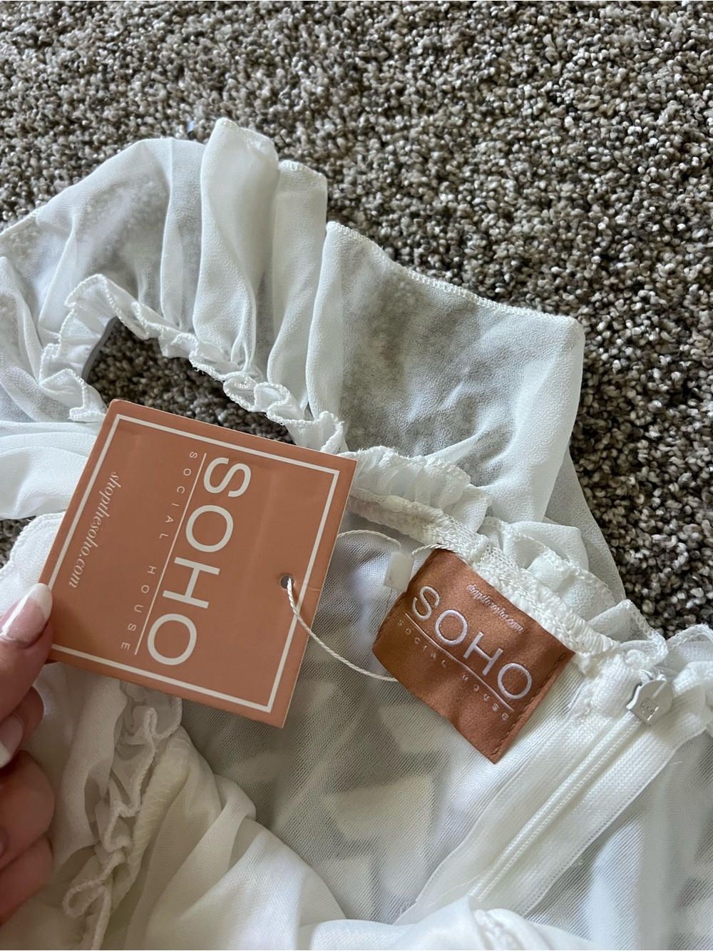 Soho White Off-Shoulder Ruffle Hem Formal Dress - Picture 3 of 3